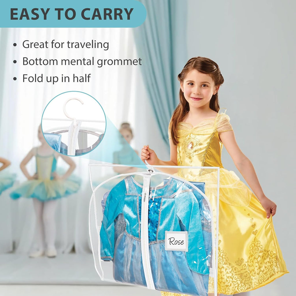 SLEEPING LAMB 6 Packs Clear Garment Bags for Dancers With 4 Pockets, 40" Kids Costume Bag for Travel and Dance Competition, Hanging Clothes Storage for Dress, Uniform, White