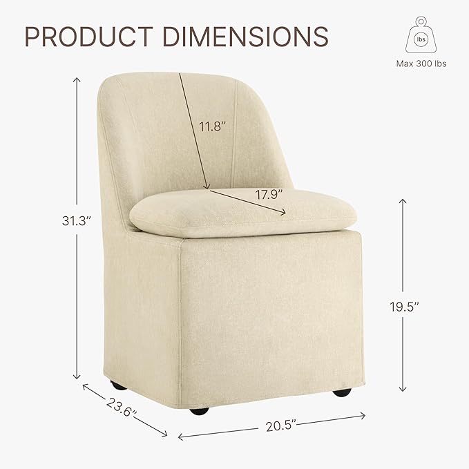 Upholstered Dining Chairs with Casters, Washable Cover Modern Dining Room Chairs with Thick Cushion & Sturdy Metal Frame for Kitchen, Living Room, Dressing Room, Sand Fabric, Set of 2