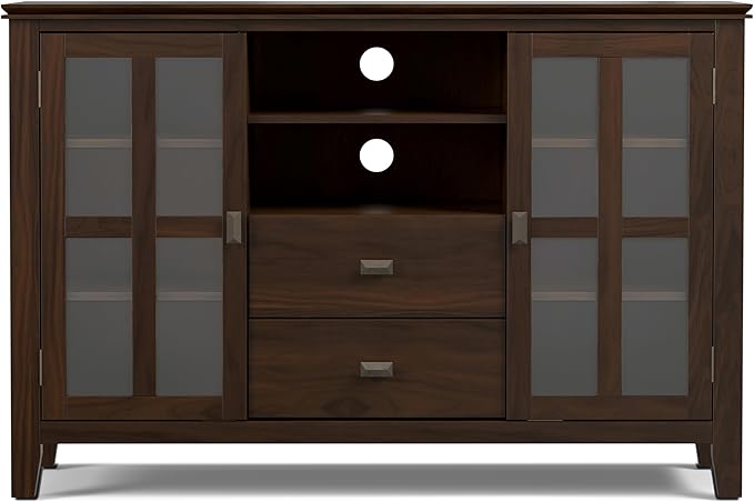 SIMPLIHOME Artisan TV Stand - 53 inch Wide Solid Wood Tall Media Console in Tobacco Brown, Contemporary Entertainment Center for Living Room for TVs up to 60 Inches with Drawers and Cable Management