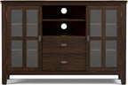 SIMPLIHOME Artisan TV Stand - 53 inch Wide Solid Wood Tall Media Console in Tobacco Brown, Contemporary Entertainment Center for Living Room for TVs up to 60 Inches with Drawers and Cable Management