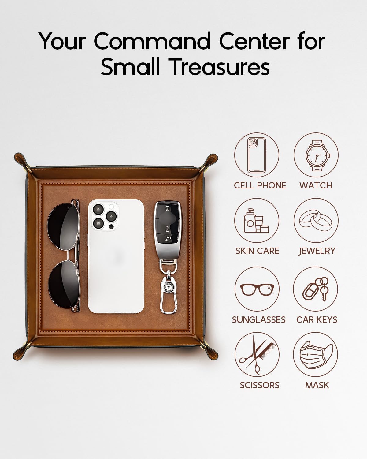 VLANDO Travel Valet Tray, Foldable PU Leather Catchall Tray, Light Brown | Large 8.5-Inch Key Tray for Wallet, Watch, Phone, Jewelry and Glasses, Nightstand Dresser Desk Entryway Organizer