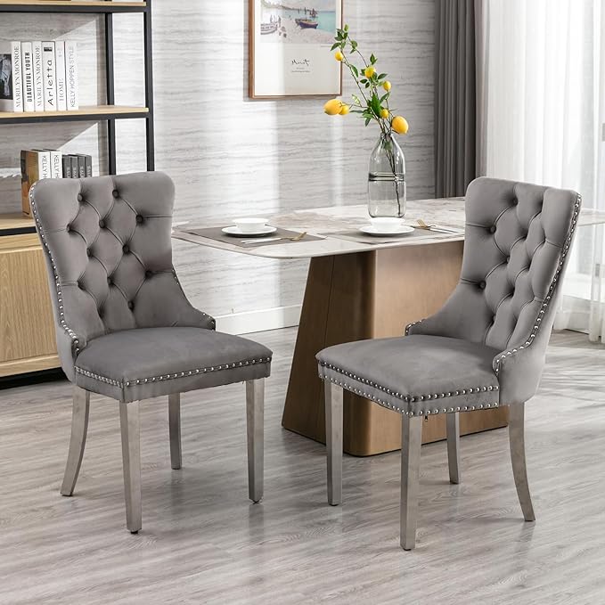 Mid Century Modern Dining Chairs Set of 4, Grey Velvet Upholstered Tufted Back, Kitchen & Dining Room Chairs, Brushed Silver Metal Legs, Nailhead Trim, Sillas para Comedor (Gray, 4 Pcs)