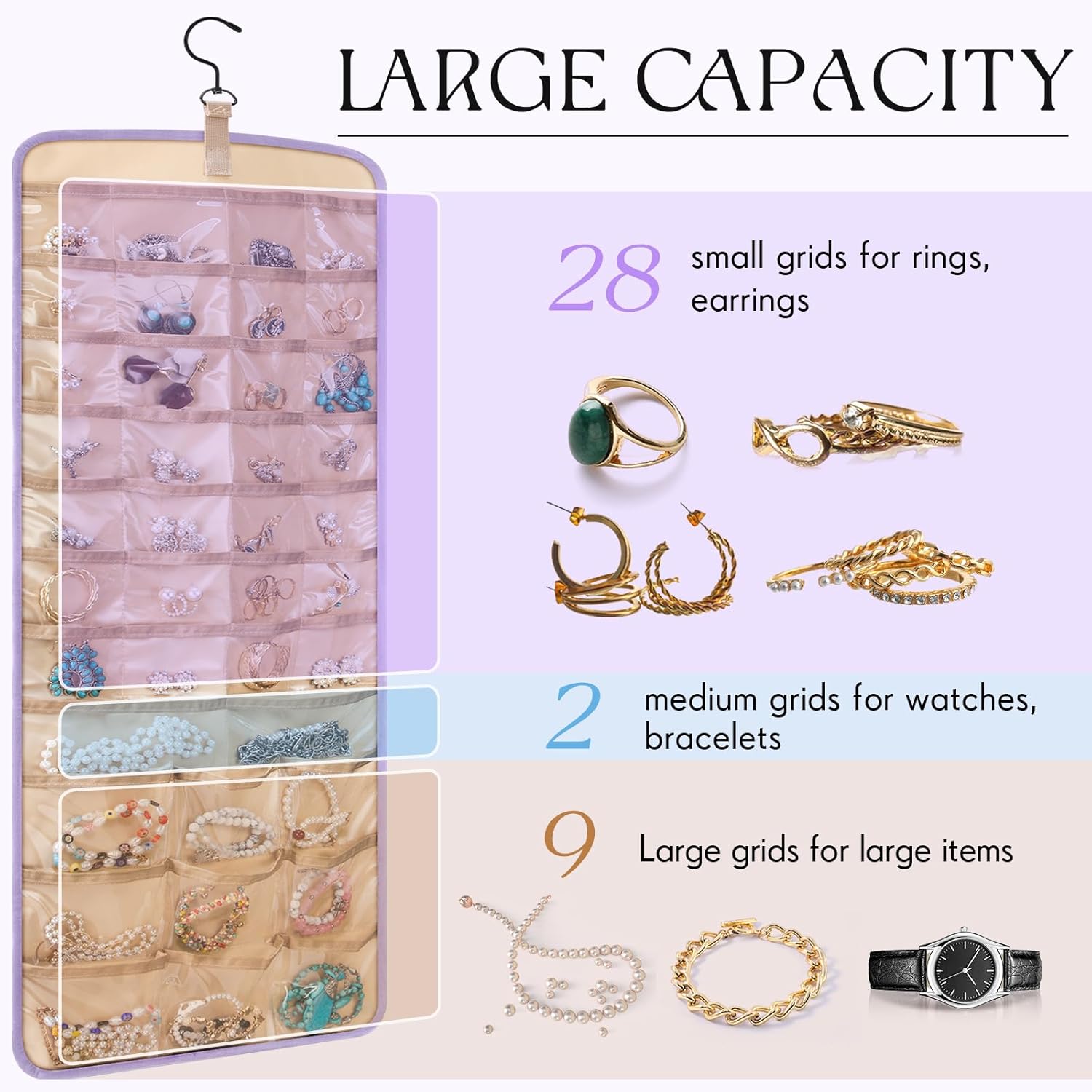 2 Pack Hanging Jewelry Organizer Storage with 39 Pockets, 30 Necklace Hooks Double Sided Wall Mount Earring Holder Organizer Bracelet Necklace Jewelry Display Hanger for Closet Door (Purple)