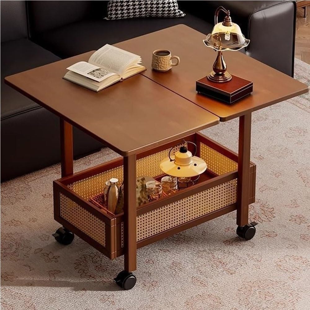 Expandable Wooden Coffee Table with Wheels Side Table with Storage Basket Rem...