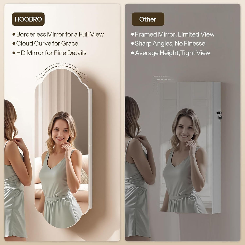 HOOBRO Jewelry Cabinet Wall/Door Mounted, LED Jewelry Organizer, Lockable | Jewelry Armoire, Hanging Jewelry Cabinet with Storage, Wide Full Length Mirror, 4.1 x 16.5 x 42.5 Inches, White