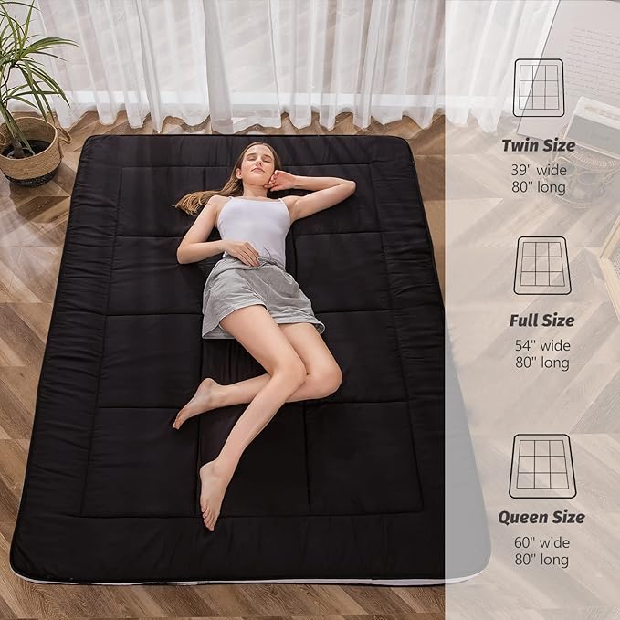 MAXYOYO Futon Mattress, Padded Japanese Floor Mattress Quilted Bed Mattress Topper, Extra Thick Folding Sleeping Pad Breathable Floor Lounger Guest Bed for Camping Couch, Black, Full Size
