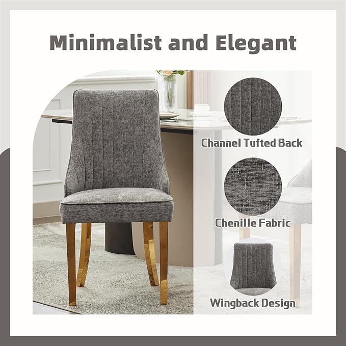 Dining Chairs Set of 4，Modern Channel Tufted Upholstered Dining Chairs with Golden Stainless Steel Legs, Comfortable Chenille Fabric Kitchen Chairs for Dining Room (Grey, 4pc)