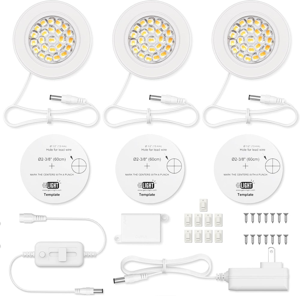 GETINLIGHT 2.5-Inch LED Puck Light Kit, 3-Pack, Plug-in, 3000K, White