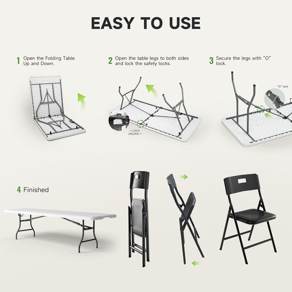 8FT Folding Table Set with 10 Chairs – Heavy-Duty 660 lb Table & 330 lb C...