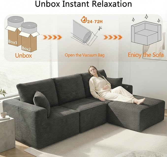 Homall Sectional Couches for Living Room, Modern Boneless Couch with Deep Seat, Upholstered Cloud Sofa, No Assembly Required (Black, L Shaped Sofa)
