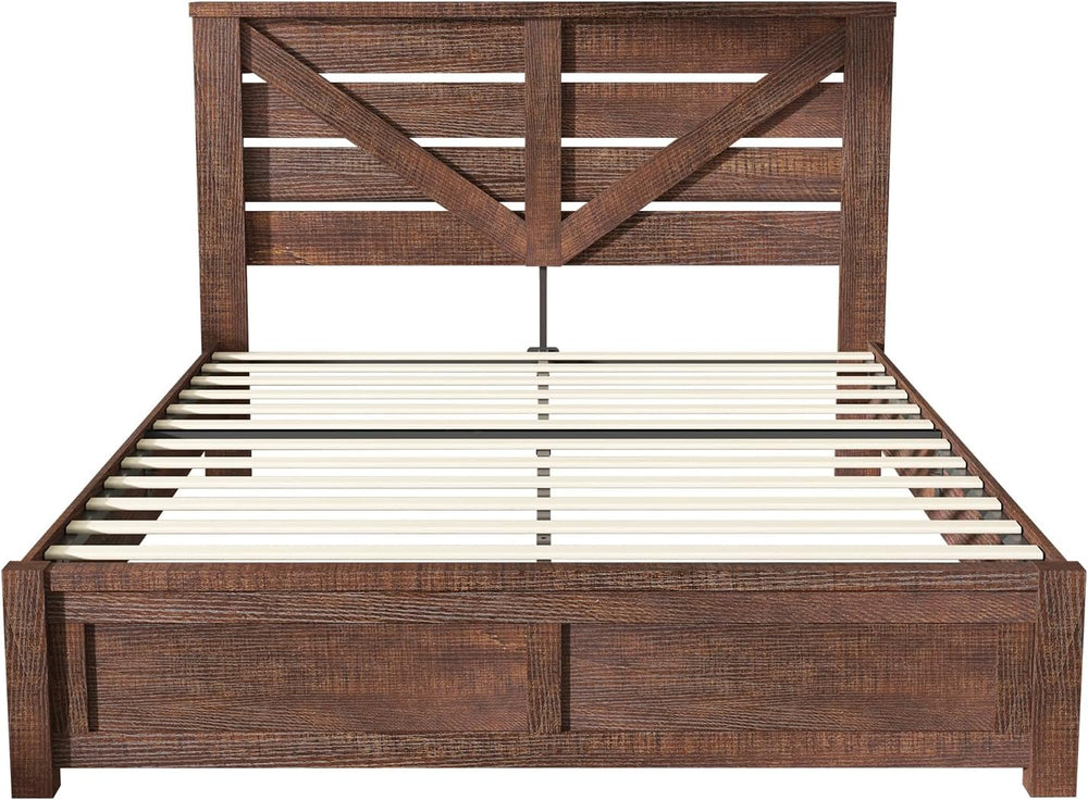 AMERLIFE Farmhouse Queen Size Bed Frame with 49" Barn Door Headboard, Brown
