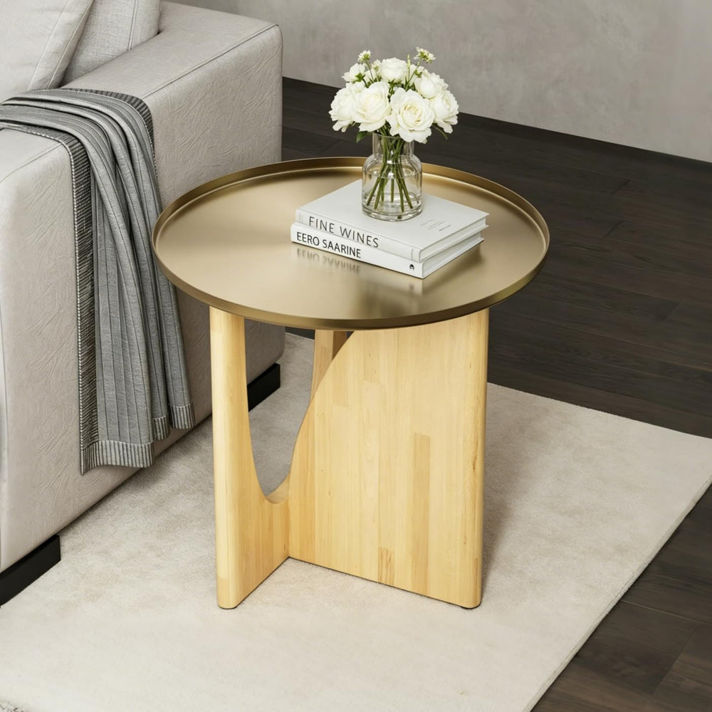 ACEDÉCOR Round Side Table, Solid Wood End Table with Brushed Gold Metal Tray ...