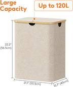 Lifewit 120L Large Laundry Hamper with Lid, Foldable 2 Section Laundry Basket with Bamboo Handles and Removable Bags for Laundry Room, Bathroom, Bedroom, Beige