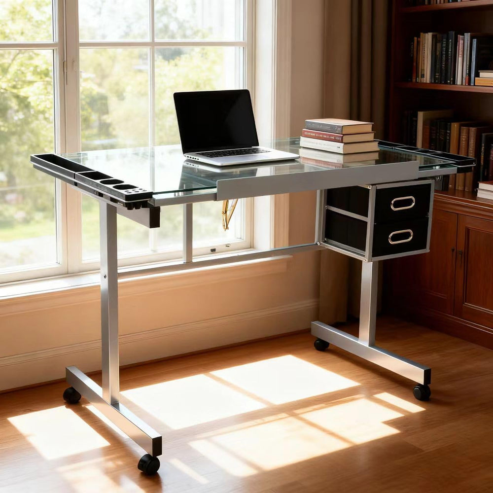 ZENY Glass Drafting Table for Artists | Mobile Rolling Drawing Desk with Adju...