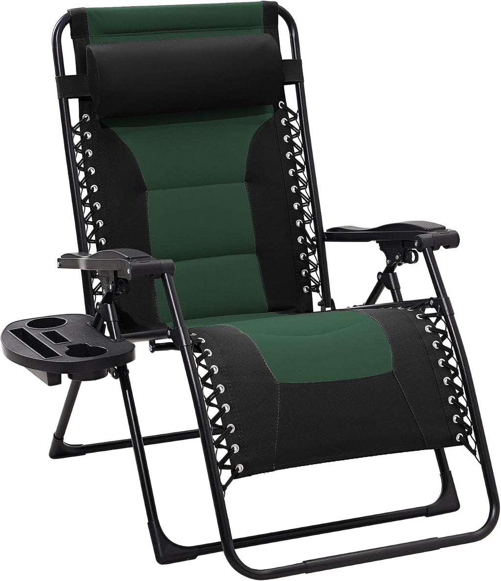 JEAREY Oversized Padded Zero Gravity Chairs, Folding Lounge Chair Outdoor Patio Recliner, Anti Gravity Chair for Backyard with Headrest, Cup Holder, Side Tray, Polyester Mesh - Black/Dark Green