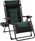 JEAREY Oversized Padded Zero Gravity Chairs, Folding Lounge Chair Outdoor Patio Recliner, Anti Gravity Chair for Backyard with Headrest, Cup Holder, Side Tray, Polyester Mesh - Black/Dark Green