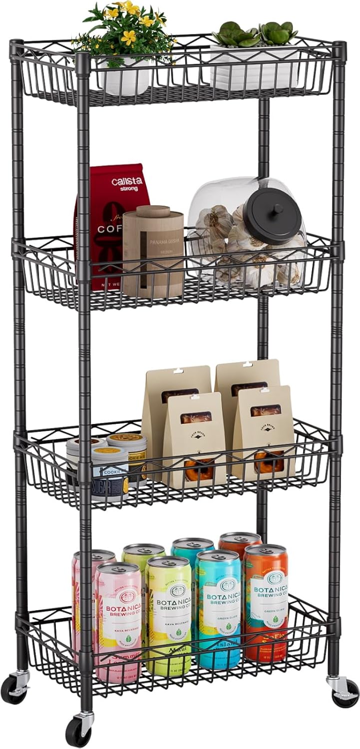 4 Tier Shelf Wire Shelving Unit Adjustable Storage Shelves Big Basket Rack Standing Units for Kitchen Closet Laundry Bathroom Organizers Metal Pantry Mesh 10" D x 16" W x 55" H Black