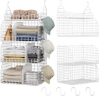 HapiRm Hanging Closet Organizer Storage - 3 Tier Metal Stackable Hanging Closet Shelves with Dividers and S Hooks, Foldable Clothes Shelves for Clothes, Pants, Shoes, Coat, Hats Clutches Accessories