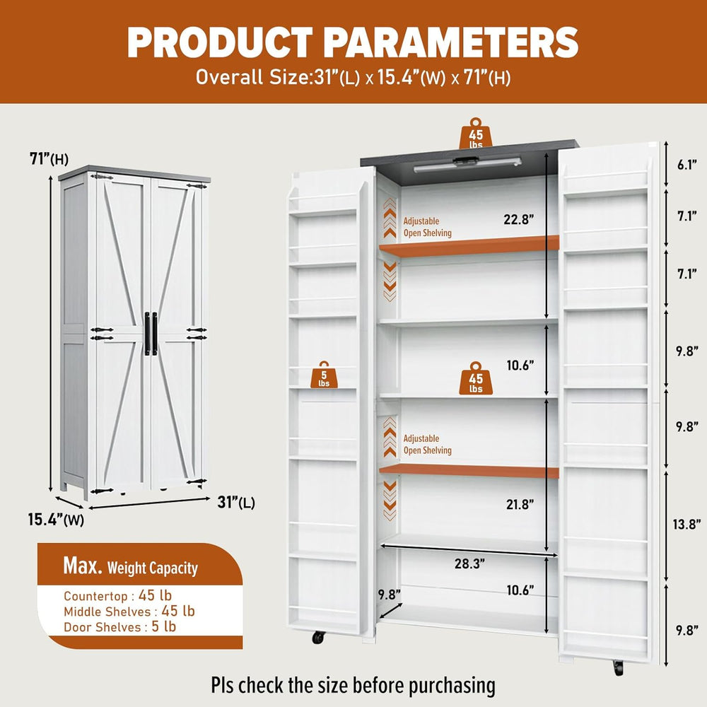 Food Pantry Storage Cabinet with Led Light, 71" Tall Farmhouse Kitchen P...