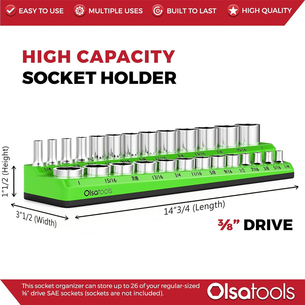 Olsa Tools Magnetic Socket Organizer | 3/8-inch Drive | SAE | Green | Holds 26 Sockets | Professional Quality Tools Organizer