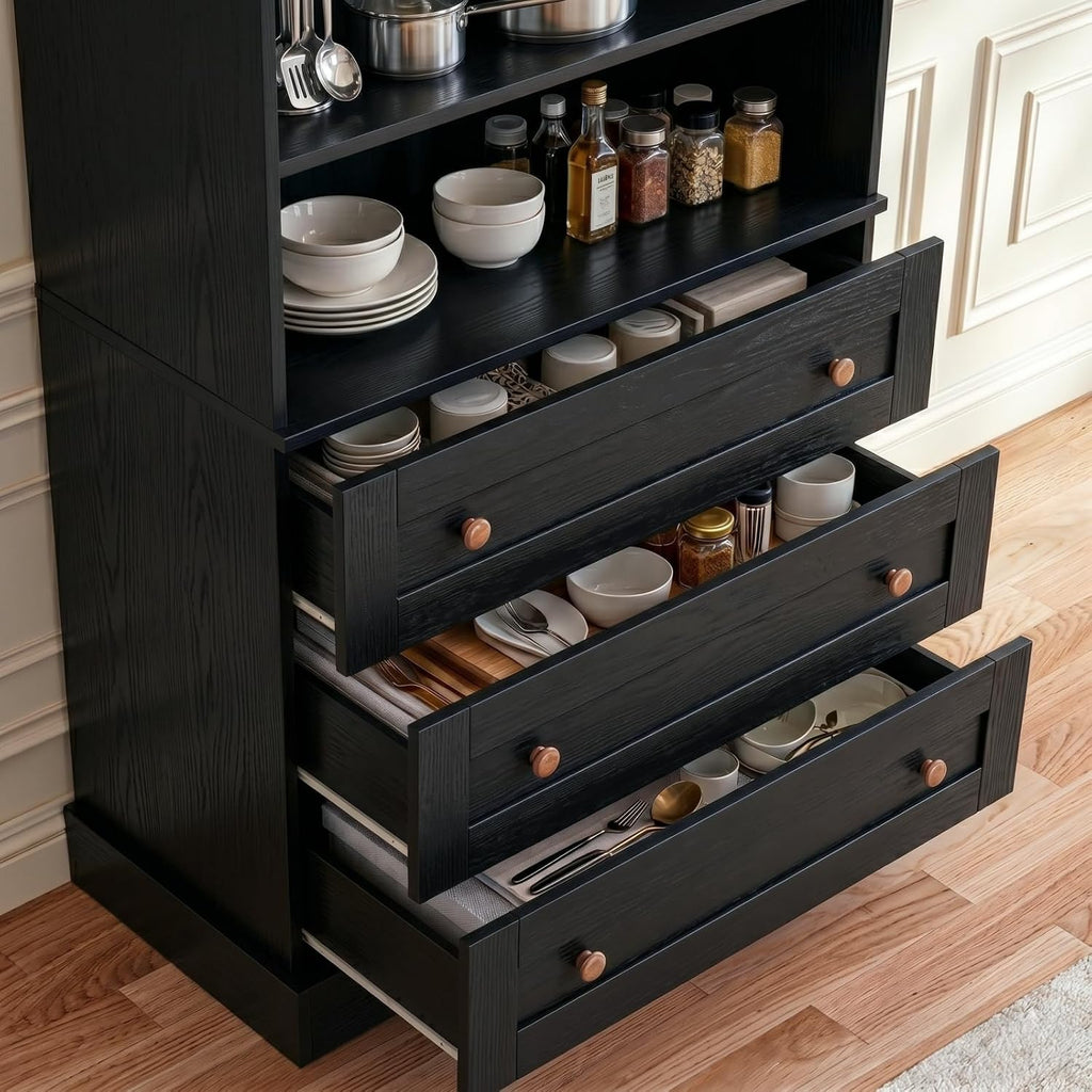 Vyre 71" Tall Farmhouse Kitchen Pantry, Set of 3 Large Storage Cabinets with 3 Drawers, Adjustable Shelves, Wood Versatile Hutch Cabinet for Living Room, Dining Room, Black