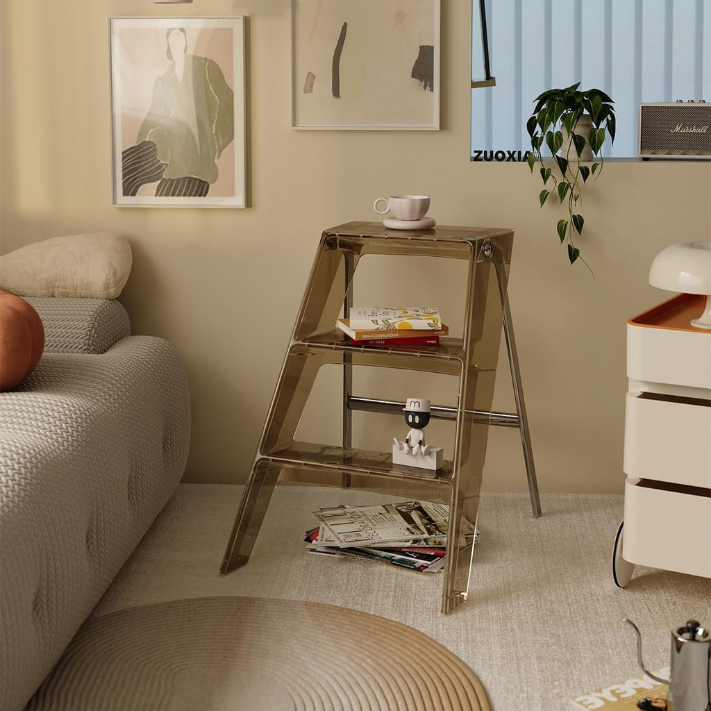 Home Folding Ladder Frame Indoor (Brown) Multi Functional Thick Folding Ladder Stool Simple Creative Anti Slip Plastic Edge Table Ladder Frame