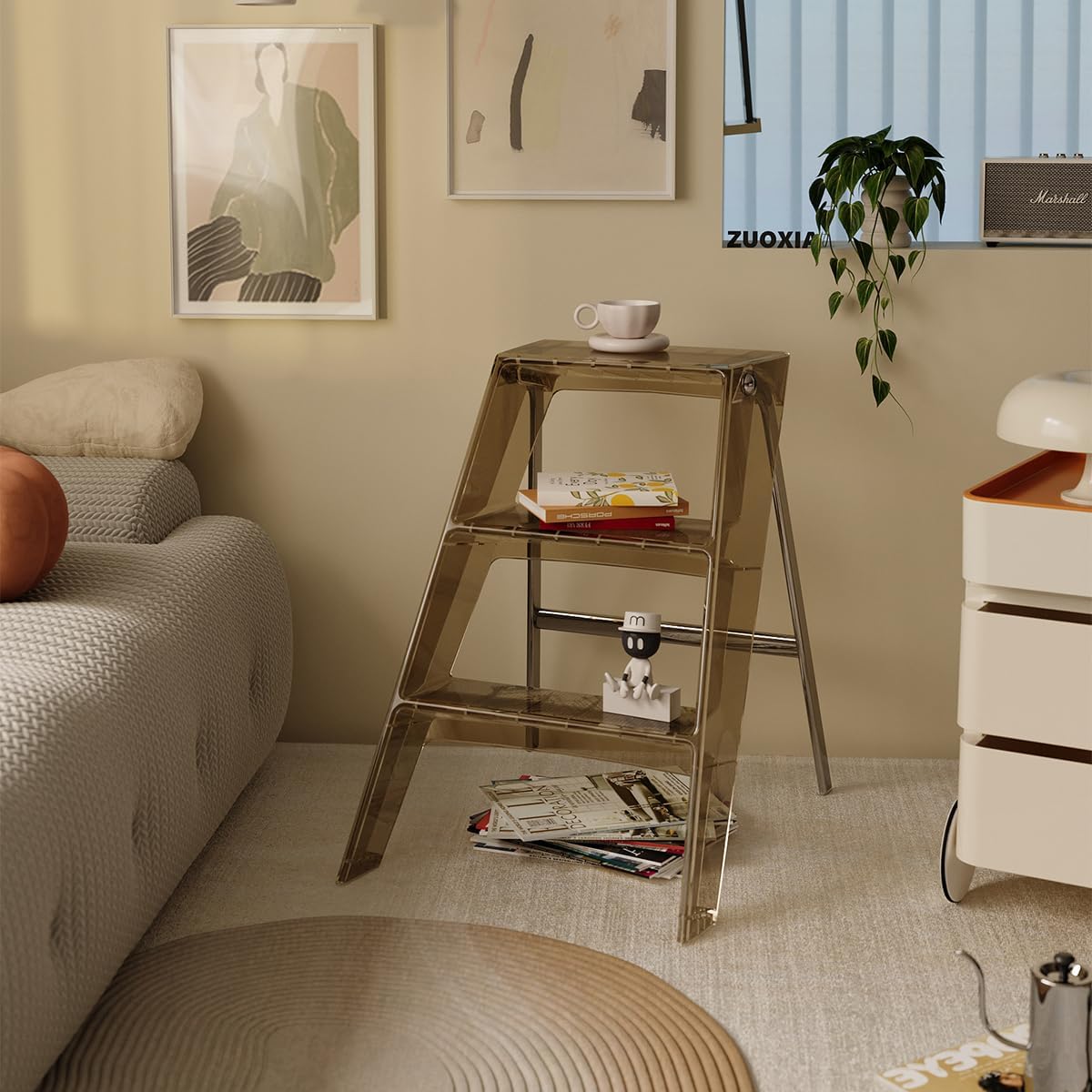 Home Folding Ladder Frame Indoor (Brown) Multi Functional Thick Folding Ladder Stool Simple Creative Anti Slip Plastic Edge Table Ladder Frame