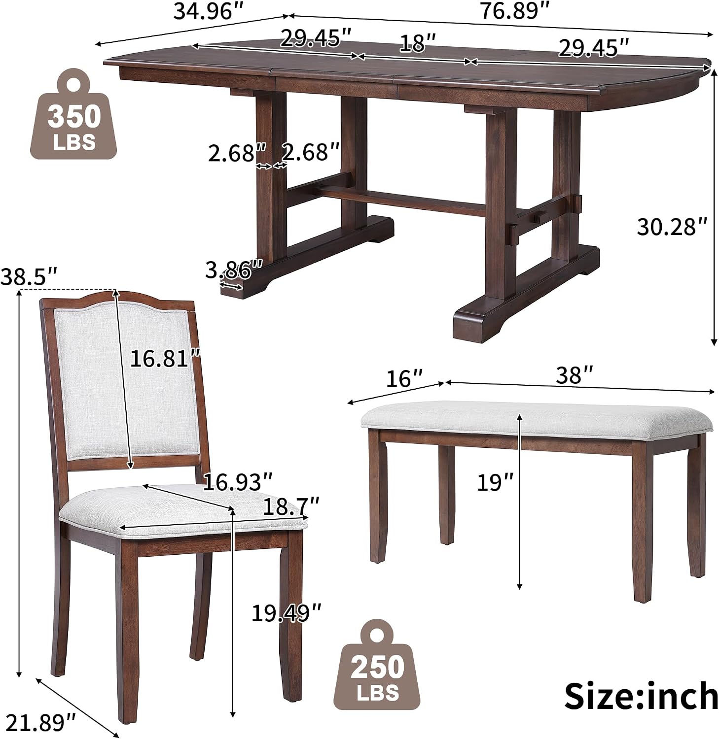 P PURLOVE 6 Piece Dining Table Set, 60inch to 78inch Extendable Wood Kitchen Table with Removable Leaf, 4 Upholstered Side Chair and 1 Bench for 6 (Cherry)
