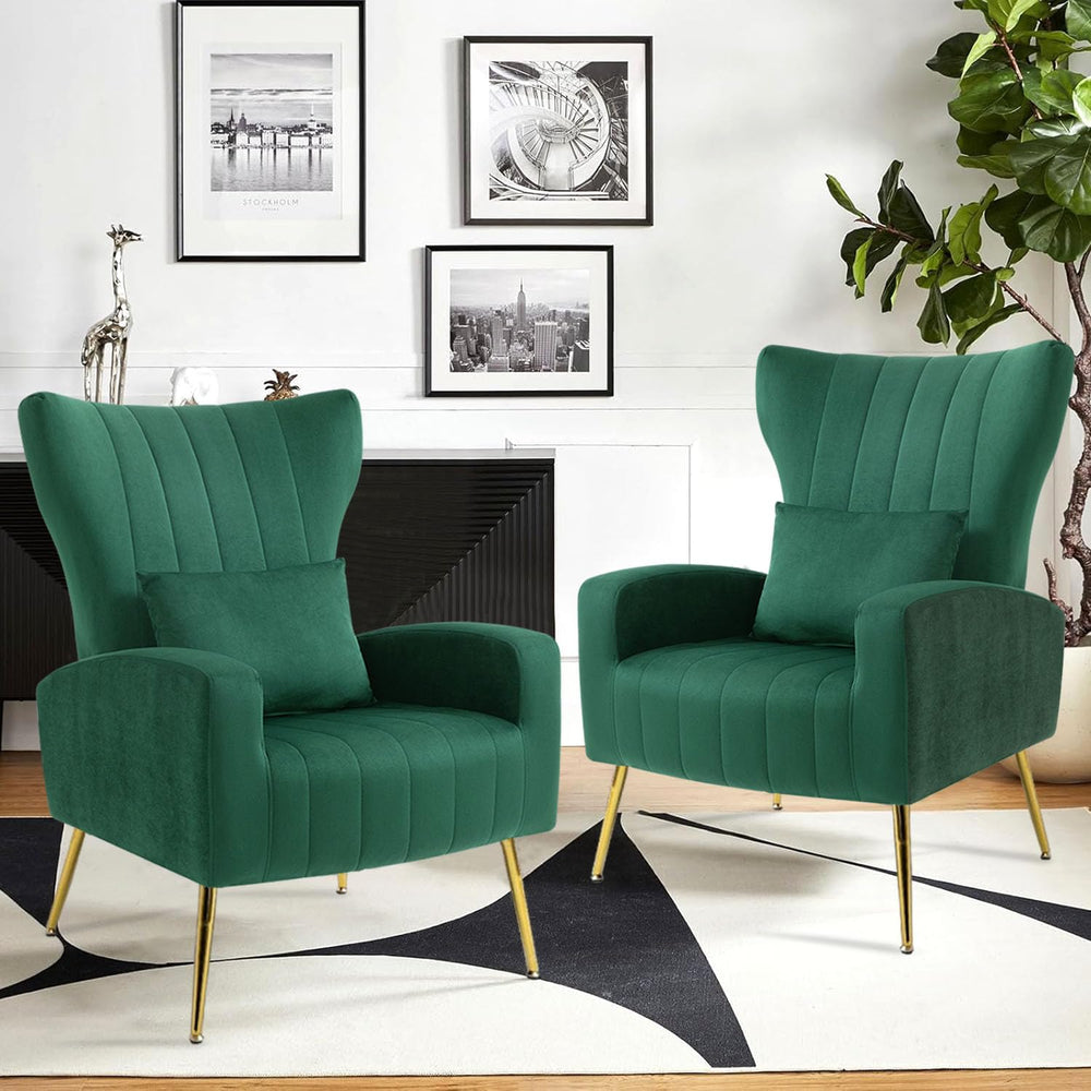 Modern Accent Chairs Set of 2, Wingback Chair with Arm & Gold Legs, Livin...