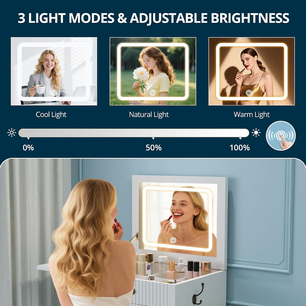 FURSUN 3-in-1 Vanity with Flip Mirror & Lights, Fluted Compact Vanity Tab...