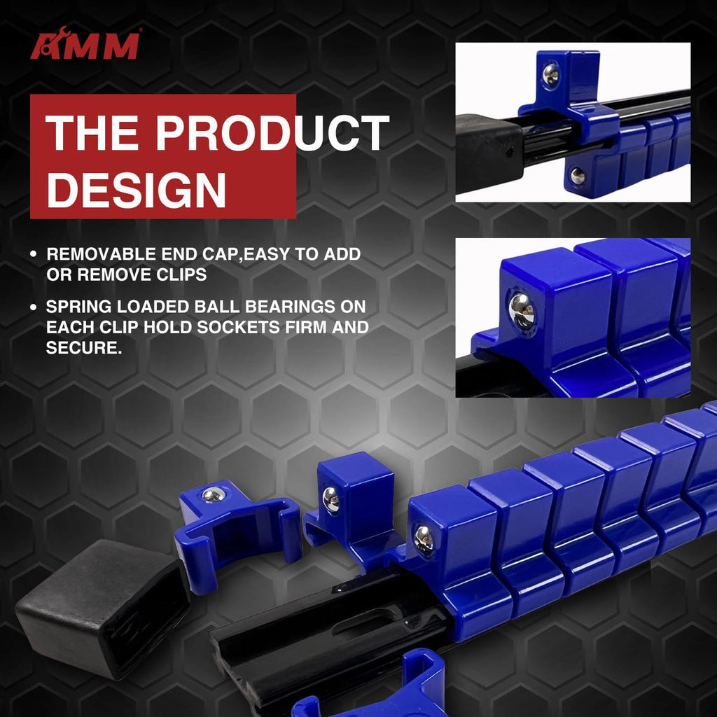 AMM 9-Piece Socket Organizer, 1/2 inch, 3/8 inch and 1/4 inch Drive ABS Tools-Blue Socket Holder,Heavy Duty Socket Racks, Premium Quality Socket Clip Rail Holder,The best tool trays in the garage