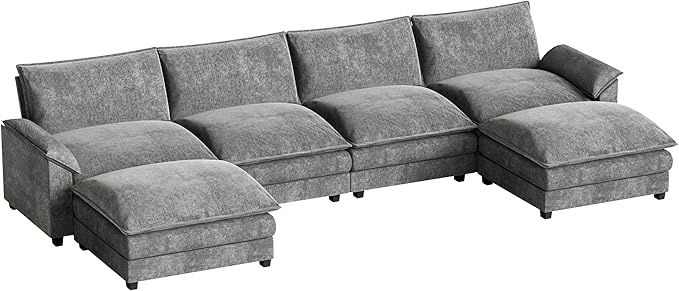 Homall 159" Modular Sectional Sofa, U Shaped Sofa Couch with Reversible Ottoman, DIY Combination Chenille Deep 4-Seat Cloud Couch for Living Room, Apartment (Light Grey, U Shaped Sofa)