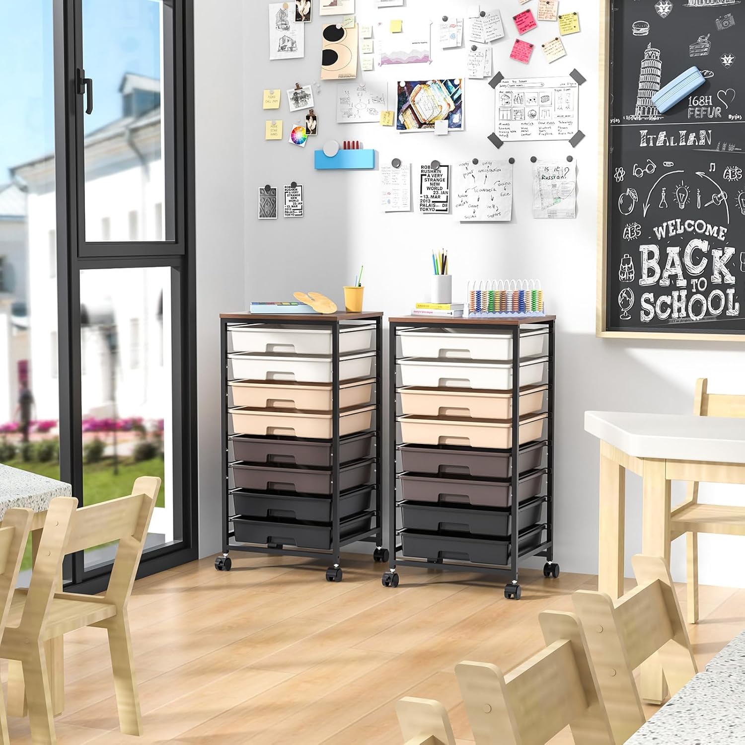 Rolling Carts with Wheels,Utility Cart with 8 Drawers and Wooden Tabletop,Rolling Drawer Cart,Plastic Drawer Storage for Living Room,Classroom,Bedroom,Bathroom,Dorm,Office,Brown