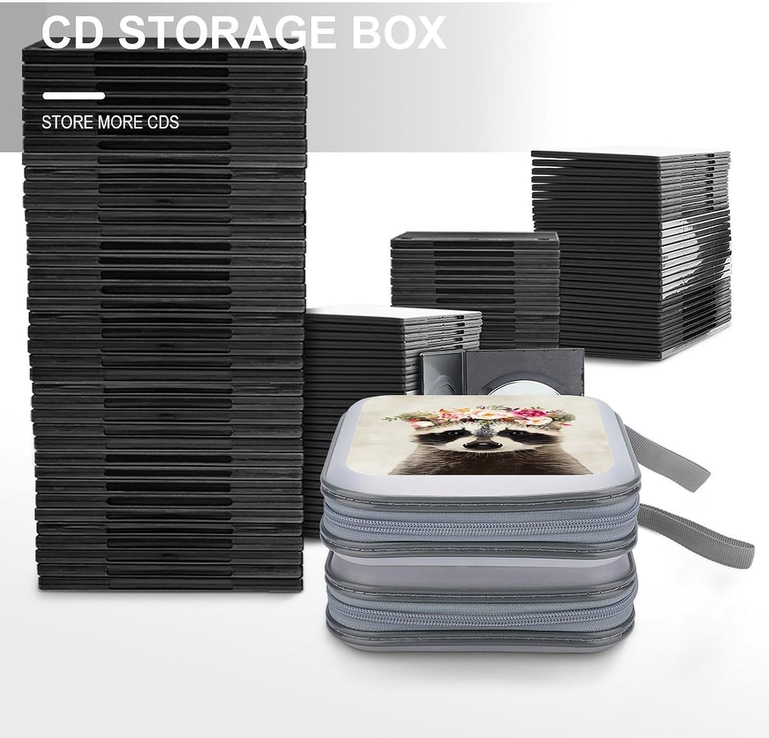 Funny Raccoon CD Case for 40 Discs, 6.1" Portable CD/DVD Storage Holder with Zipper, Protective Sleeves for Home & Travel