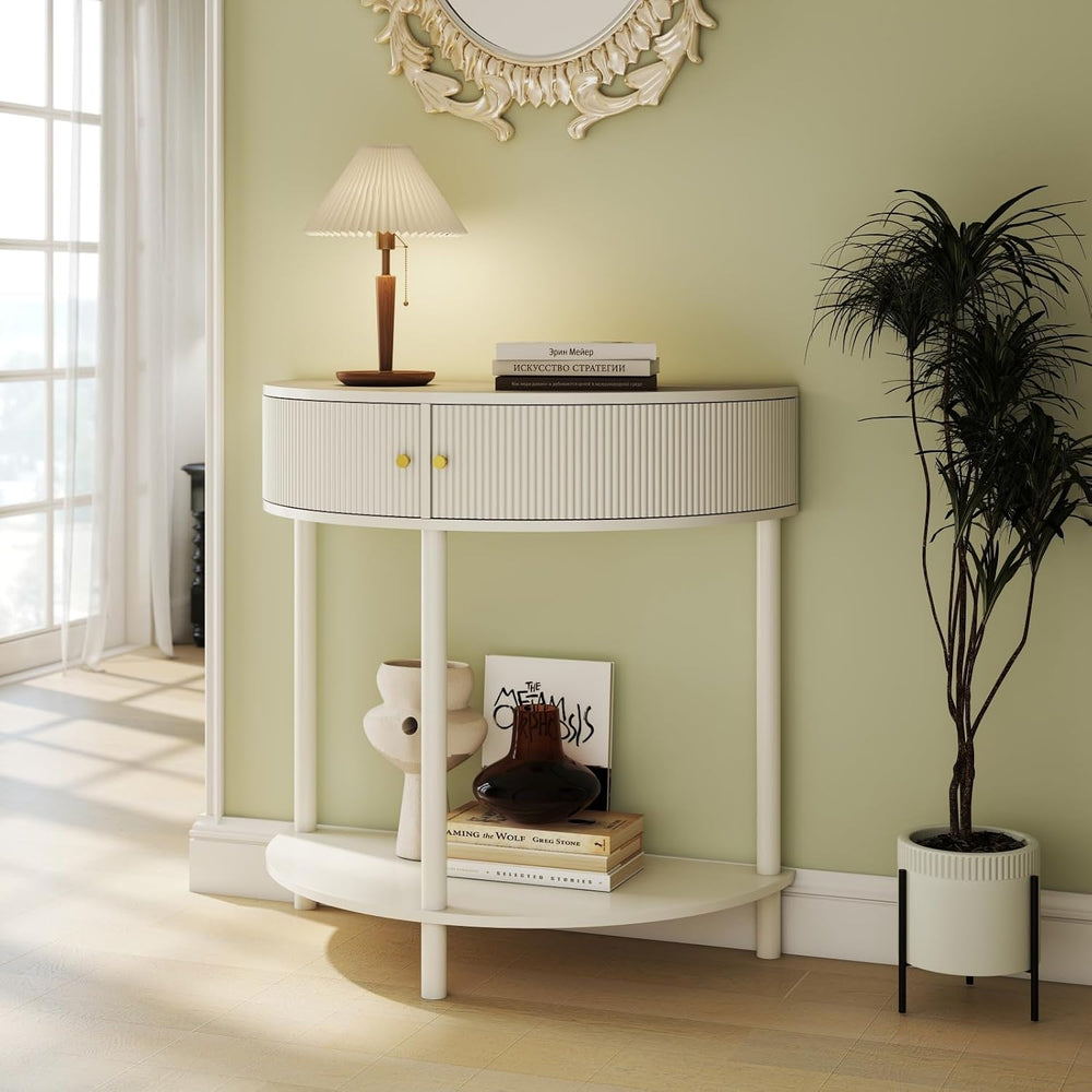 Artisan-Crafted Wave-Pattern Demi-Lune Console Table with Creamy White Finish...