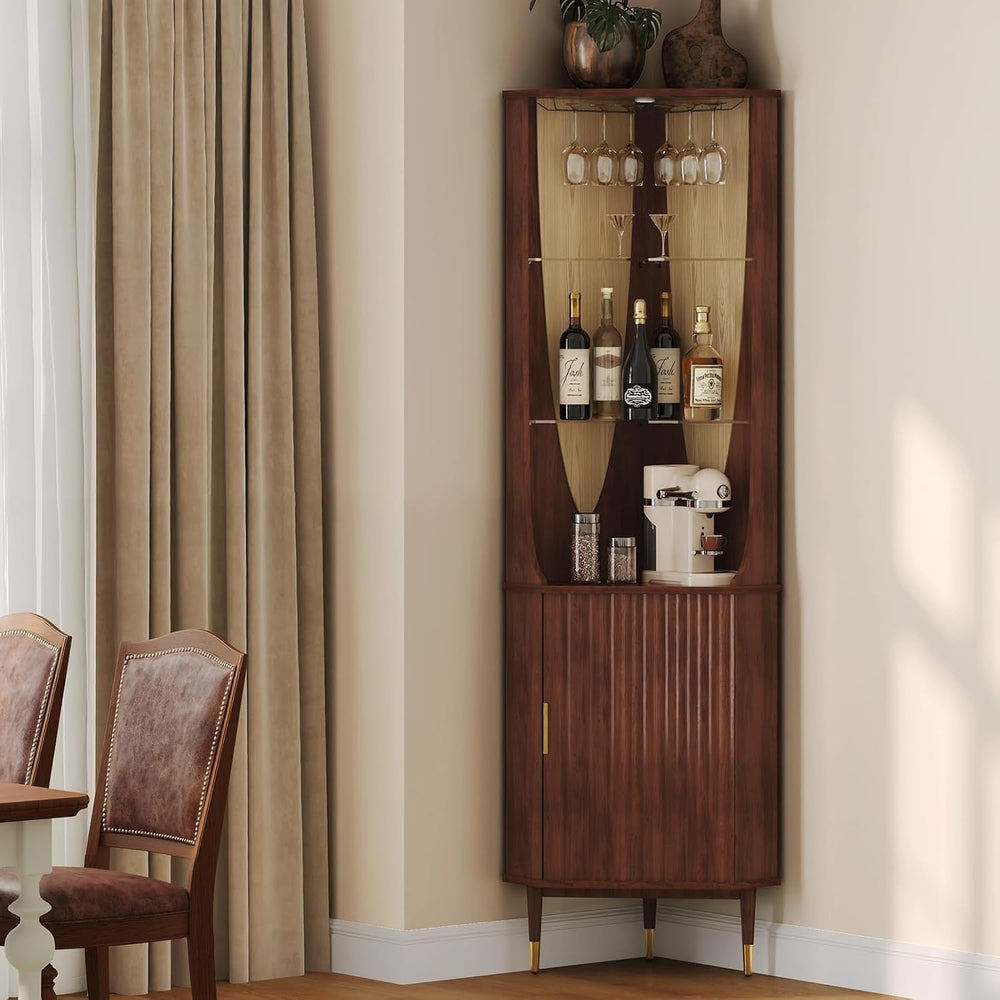 JOINICE Tall Corner Bar Cabinet for liquor,Mid-Century Modern,Walnut,70"