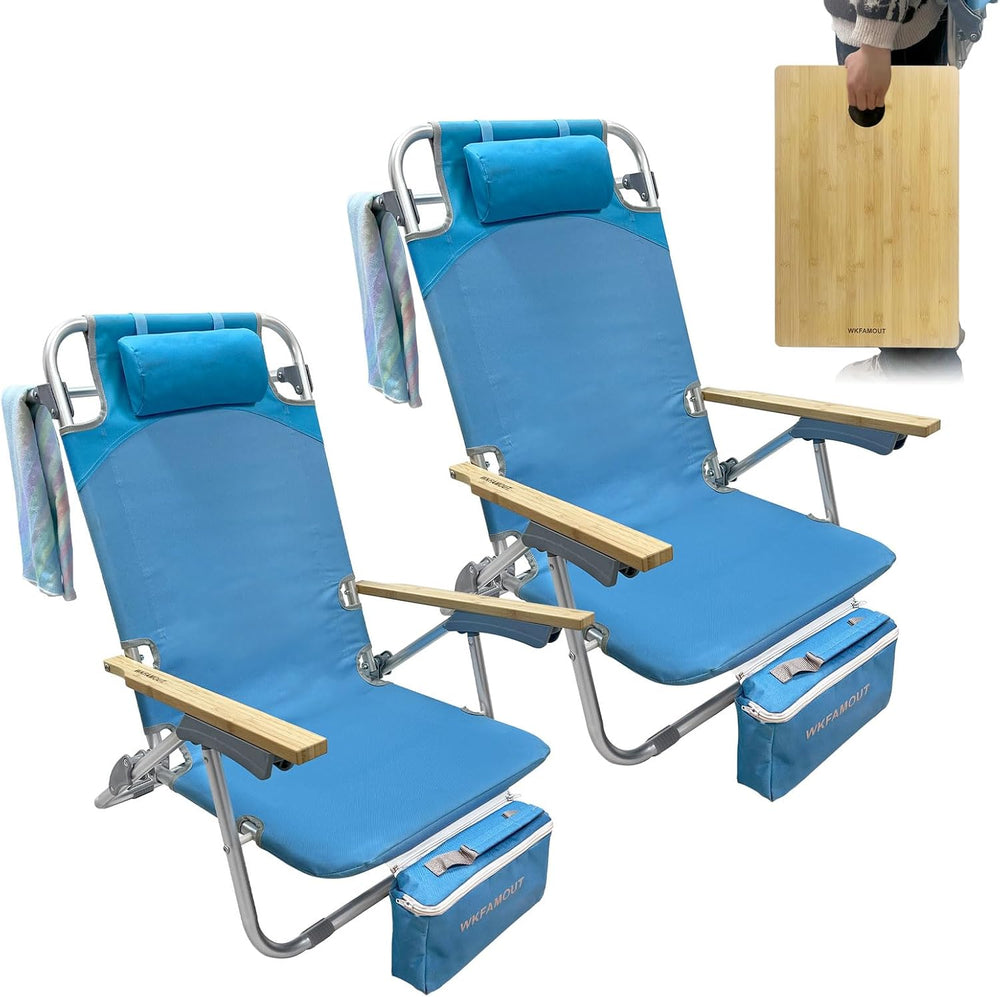 2 Pack Low Backpack Beach Chair with Folding Bamboo Table for Adults, 5-Posit...