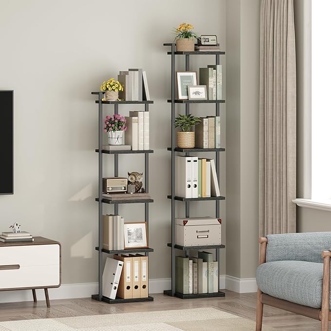 Bookshelf, 5-Tier Bookcase, Vertical Tall Narrow Book Shelf for Small Space, Open Storage Display Shelf with Stable Base & Anti-Tip Kits, for Living Room, Office, Study, Black BKBK11501