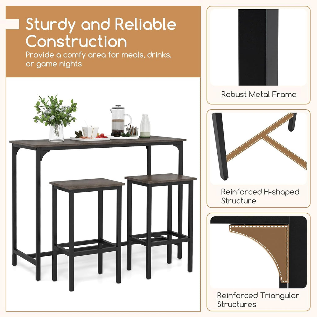 COSTWAY 3-Piece Dining Table Set, 47.5" Industrial Counter-Height Kitchen Table and 2 Bar Stools, High Top Rectangular Pub Table and Chairs for Dining Room Small Place Breakfast Nook Bistro (Grey) | w/ 2 Bar Stools, High Top Rectangular Pub Table and