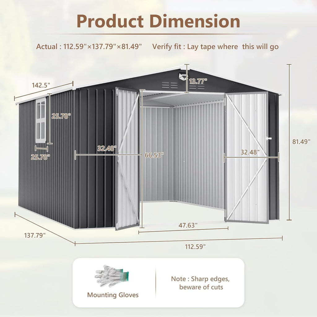 10x12 FT Outdoor Storage Shed, Metal Garden Shed - Tool Storage Sheds with Lockable Doors & 1 Clear Window, Waterproof Outside Storage Building for Backyard, Patio (Black; Floor Not Included)