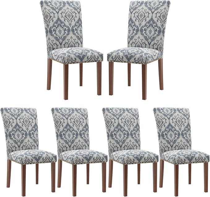 Stylish Dining Chairs Set of 6, Upholstered Parsons Dining Room Chair with Nailhead Trim, Kitchen Room Chair with Thick Cushions and Wood Legs, Nailhead Trim, SKY2050A-03