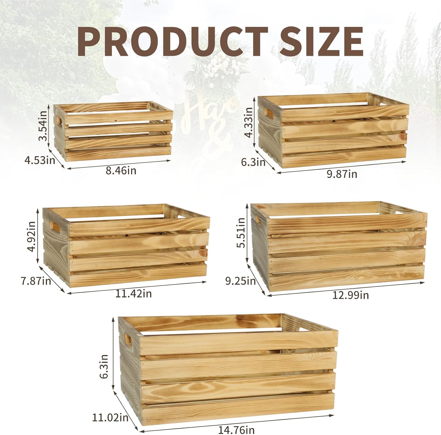 5 Pcs Decorative Wood Crates for Display, 5 Size Large Farmhouse Wooden Basket for Storage Container and Decorations, Rustic Nesting Crates Decor Boxes with Handle