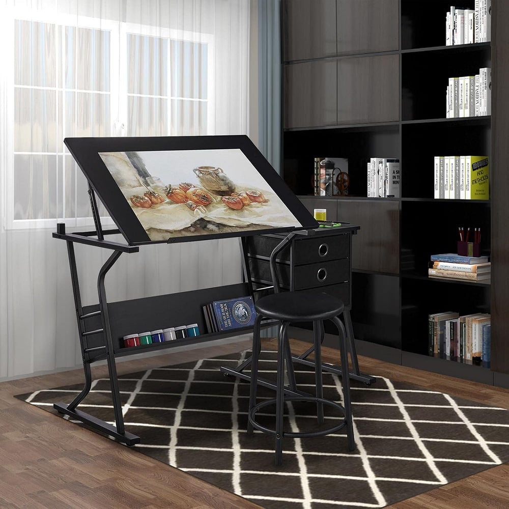 Yaheetech Tilting Drafting Table Art Craft Desk with Stool, Drawers, Black | ...