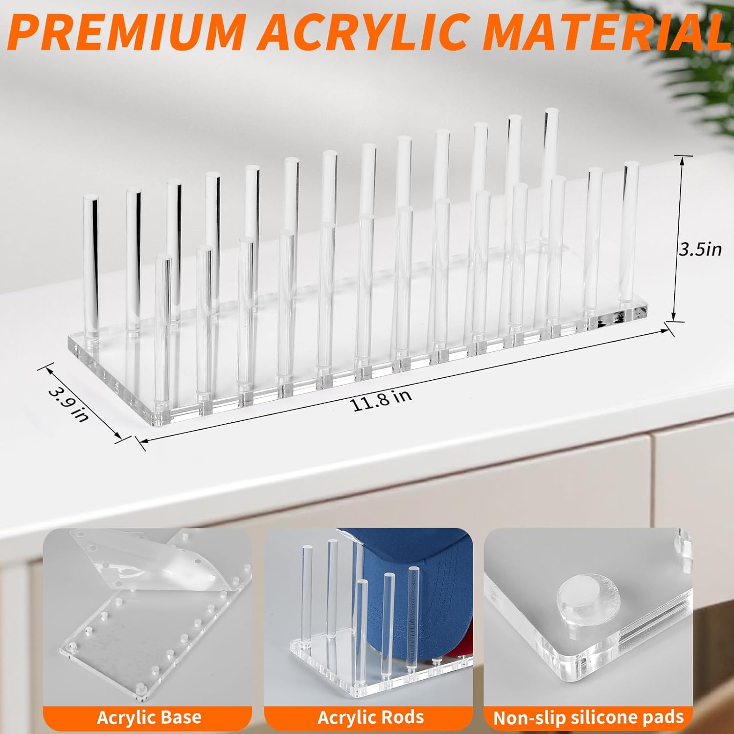 Kadolina Hat Organizer for Baseball Caps, Acrylic Hat Rack for 12 Baseball Caps, Hat Holder Display and Organizer for Closet, Tabletop, Dressing Table (Transparent)