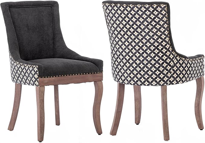 Dining Chairs Set of 2, Kitchen & Dining Room Chairs, Fabric Upholstered Dinning Chairs, Sillas De Comedor, Nailhead Trim, Wood Legs (Black, Pattern, 2 Pcs)