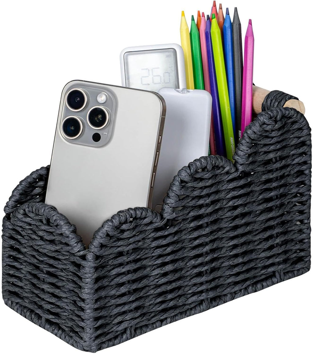 CubesLand Scalloped TV Remote Control Holder Bedside Organizer, Office Desk Caddy Storage Organizer Accessories, Pen Pencil Cup, Makeup Brush Holder, Fits Farmhouse Rustic Decor, Earth Friendly, Black