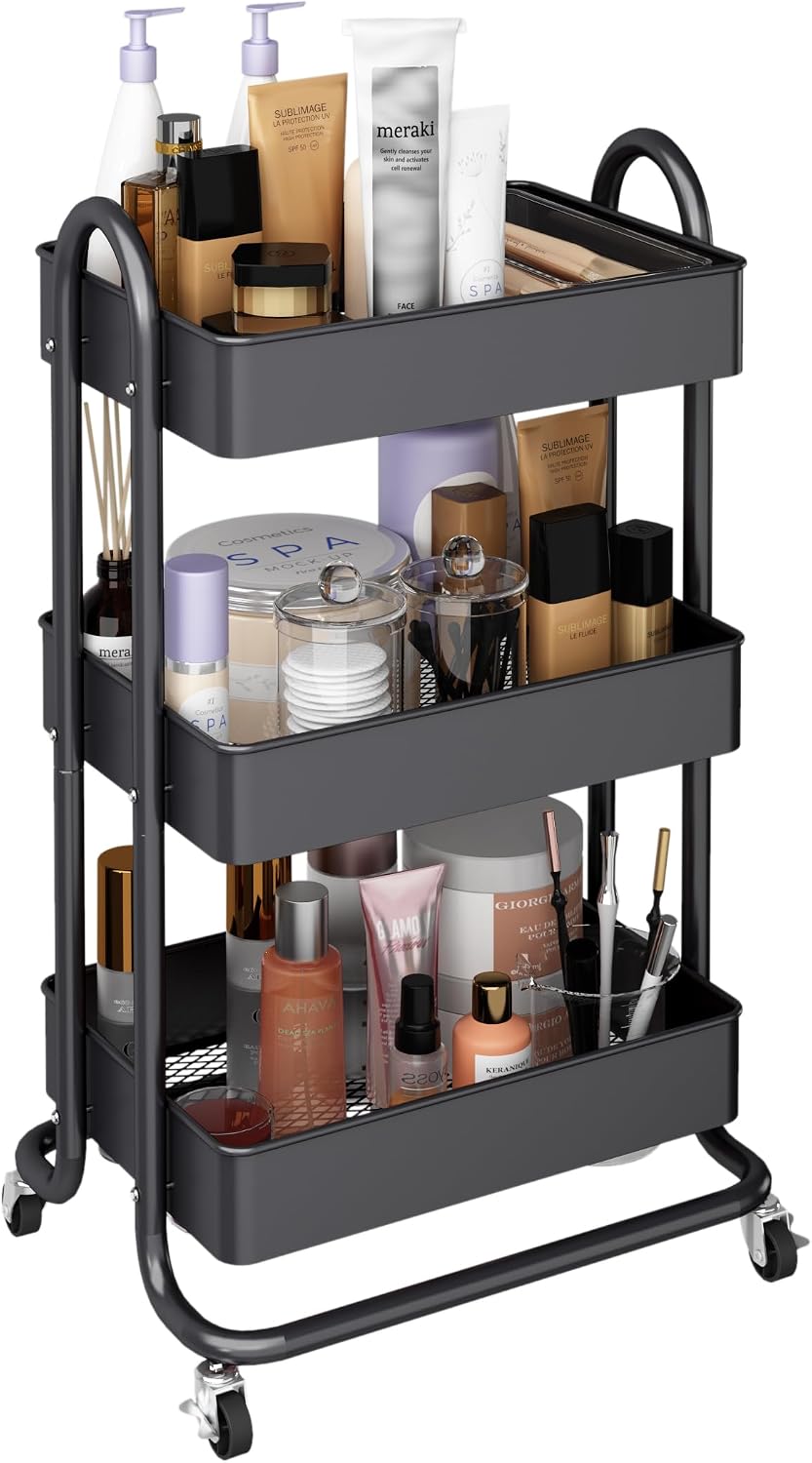 MIOCASA 3-Tier Metal Utility Rolling Cart, Heavy Duty Multifunction Cart with...