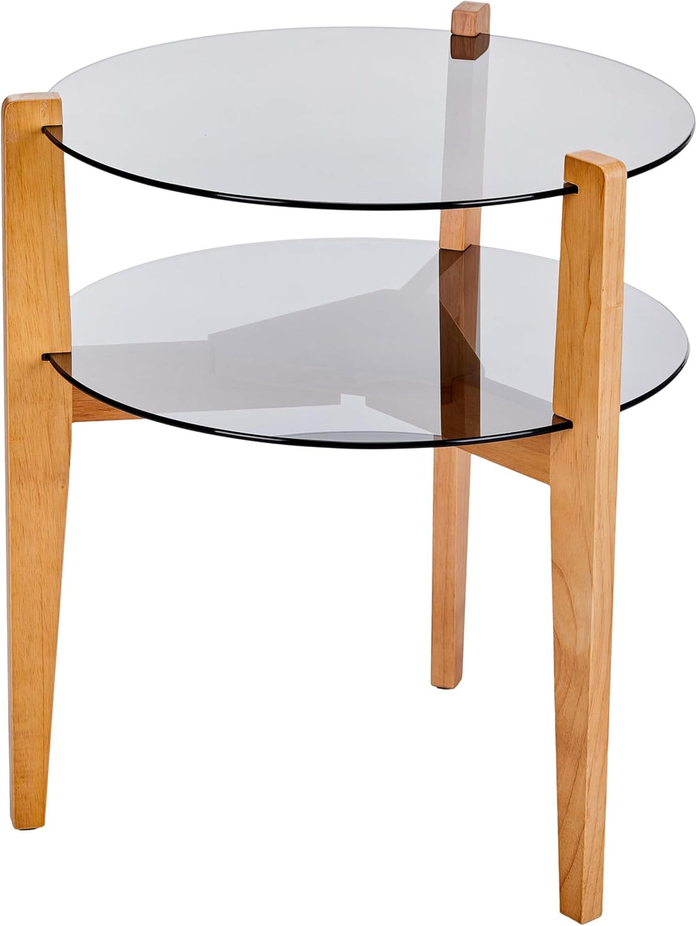 Round End Table, 2-Tier Tempered Glass Table Top Wooden Legs, Modern Side Tab...