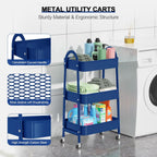 EAGMAK 3 Tier Utility Rolling Cart, Metal Storage Cart with Handle and Lockable Wheels, Multifunctional Storage Organizer Trolley with Mesh Baskets for Kitchen, Living Room, Office, Garage (Indigo)