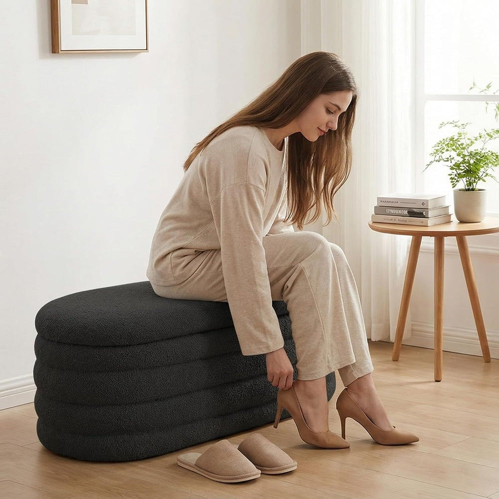 Furniliving Storage Ottoman Bench, 45'' Upholstered Boucle Ottoman wi...